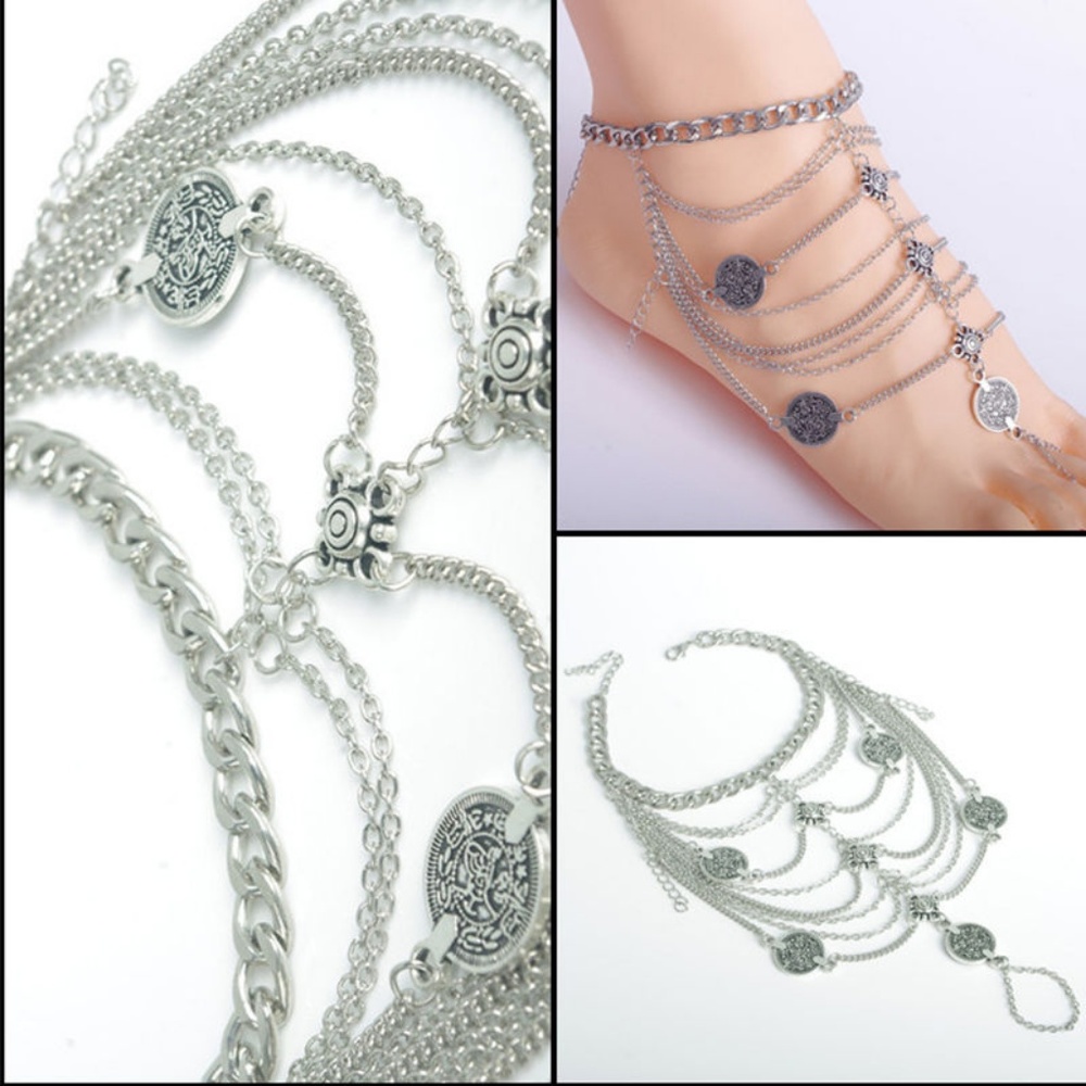Boho Silver Coin Layered "BareFoot" Sandal Anklet - Picture 3 of 4